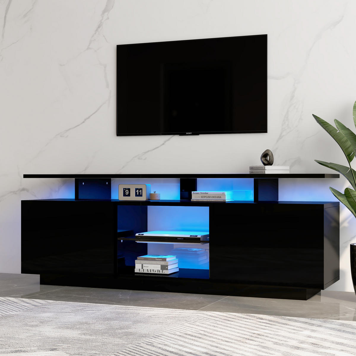 TV-RACK 140/35/55 cm Natürlich mit 16-Farben-LED-Beleuchtung - Schwarz, Holz (140/55/35cm) - Oxeza