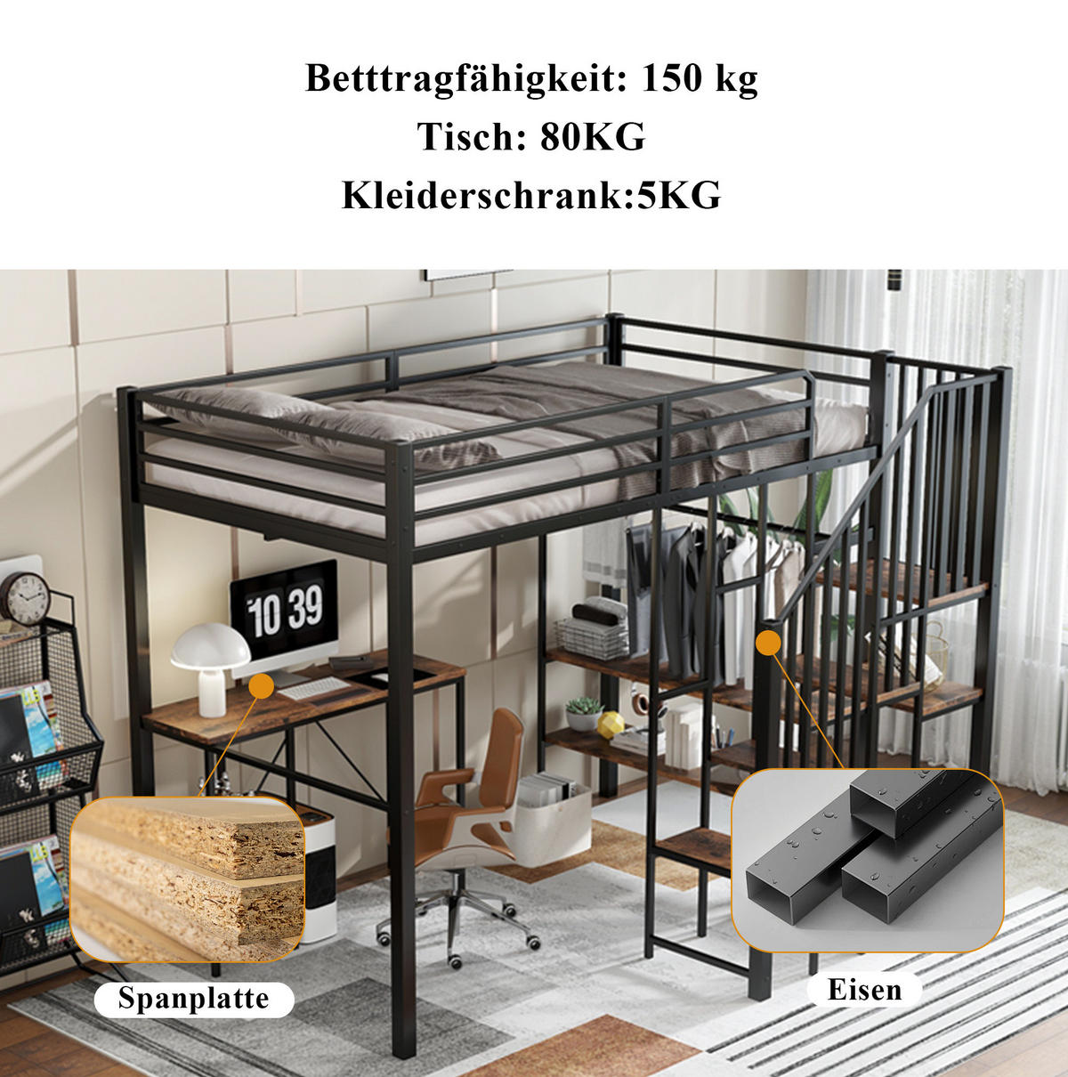 ETAGENBETT 120/200 cm mit Schreibtisch, Regal, offenem Kleiderschrank und Eckleiter, Schwarz - Schwarz, Holzwerkstoff (120/200cm) - Redom