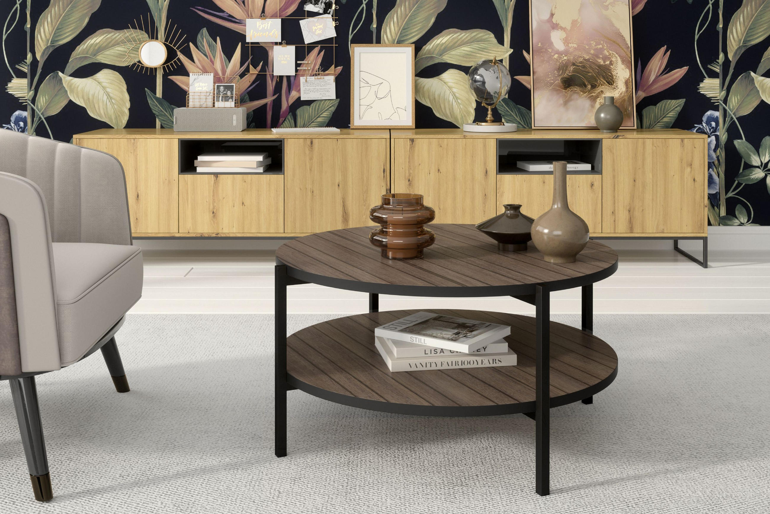 COUCHTISCH GERIS mit Ablageboden, Spanplatte, dunkebraun - Dunkelbraun/Schwarz, Holz/Metall (85/85/43cm) - KONSIMO®