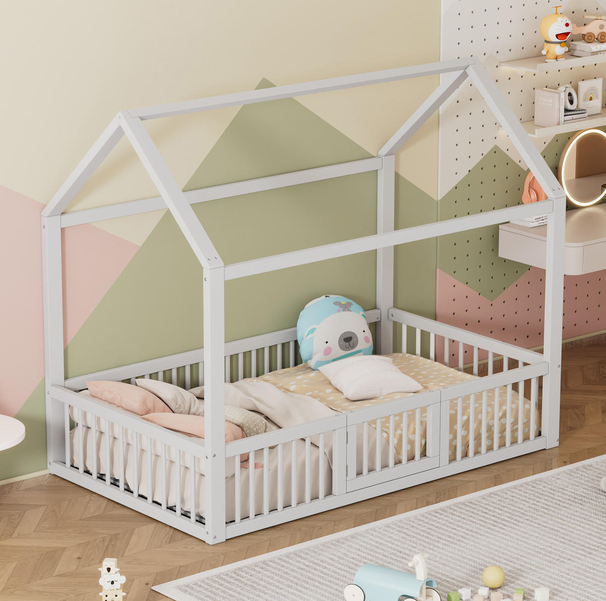 HAUSBETT 90/200 cm Weiß aus Kiefer und MDF mit Sicherheitsgitter und Türchen - Weiß, Holz (90/200cm) - OKMYHOME