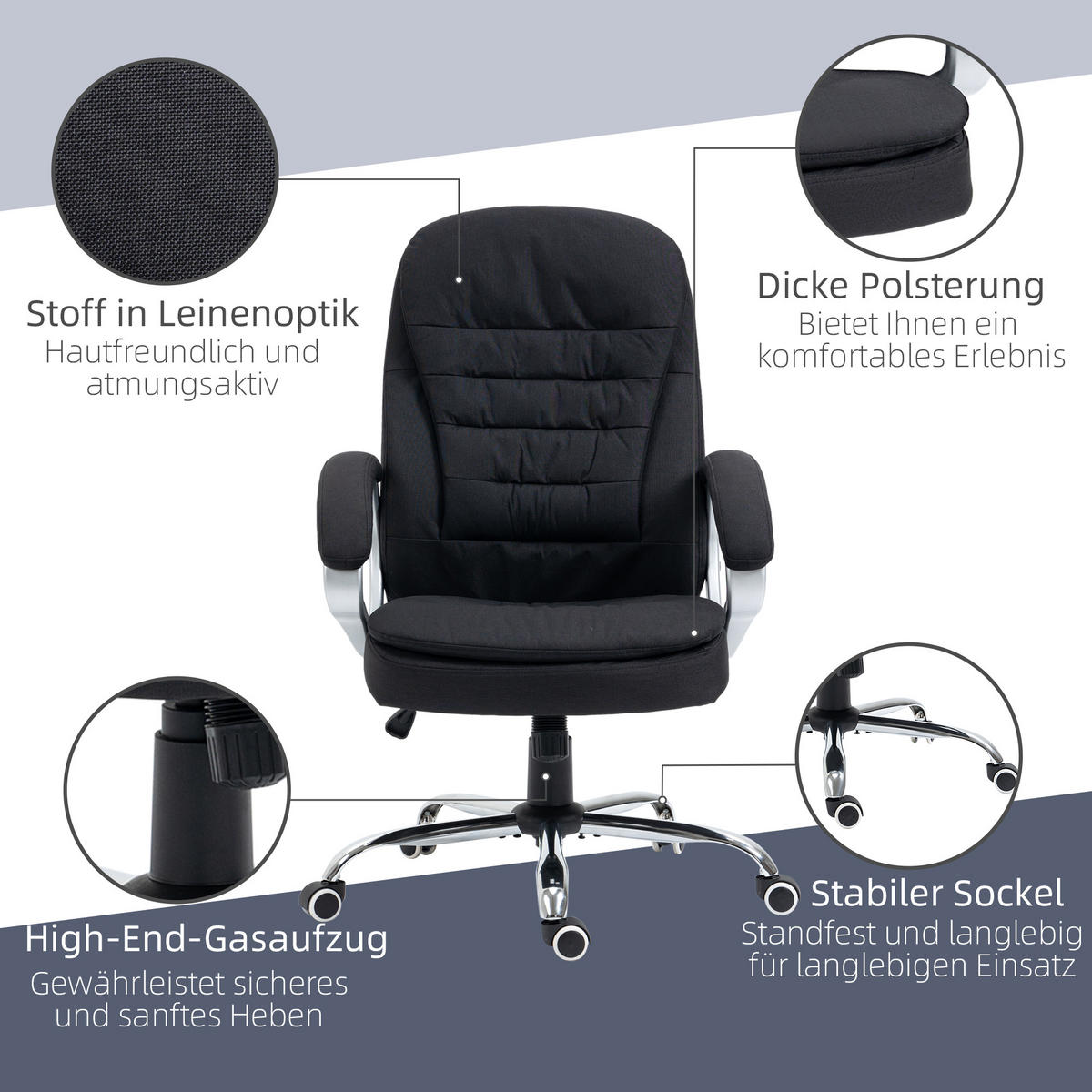 BÜROSTUHL Arbeitsstuhl Schreibtischstuhl 360° Drehstuhl höhenverstellbar - Schwarz, Kunststoff (75/121/64cm) - Vinsetto