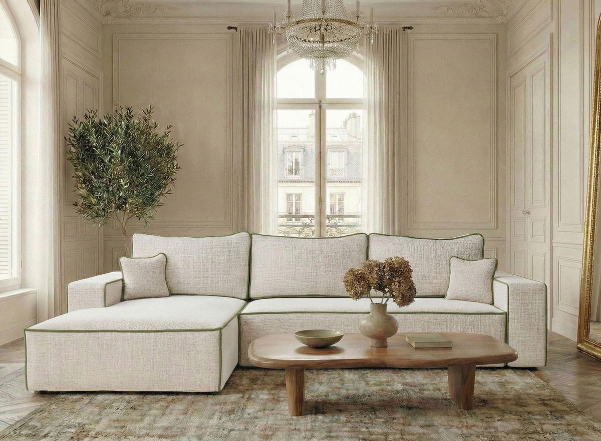 ECKSOFA MIT SCHLAFFUNKTION Modo Grau Chenille-Stoff - Links Seite - Creme/Schwarz, Holz/Holzwerkstoff (185/294cm) - Maison de Reve