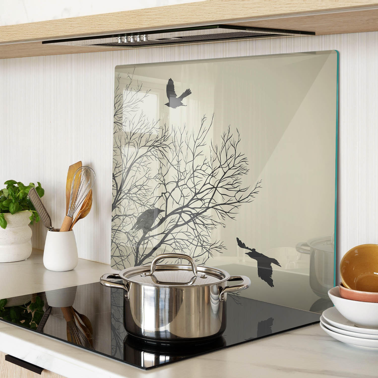 GLASPLATTE 60x52 cm Raben auf einem Baum - Schwarz Hochglanz/Braun, Glas (60/0.4/52cm) - TULUP