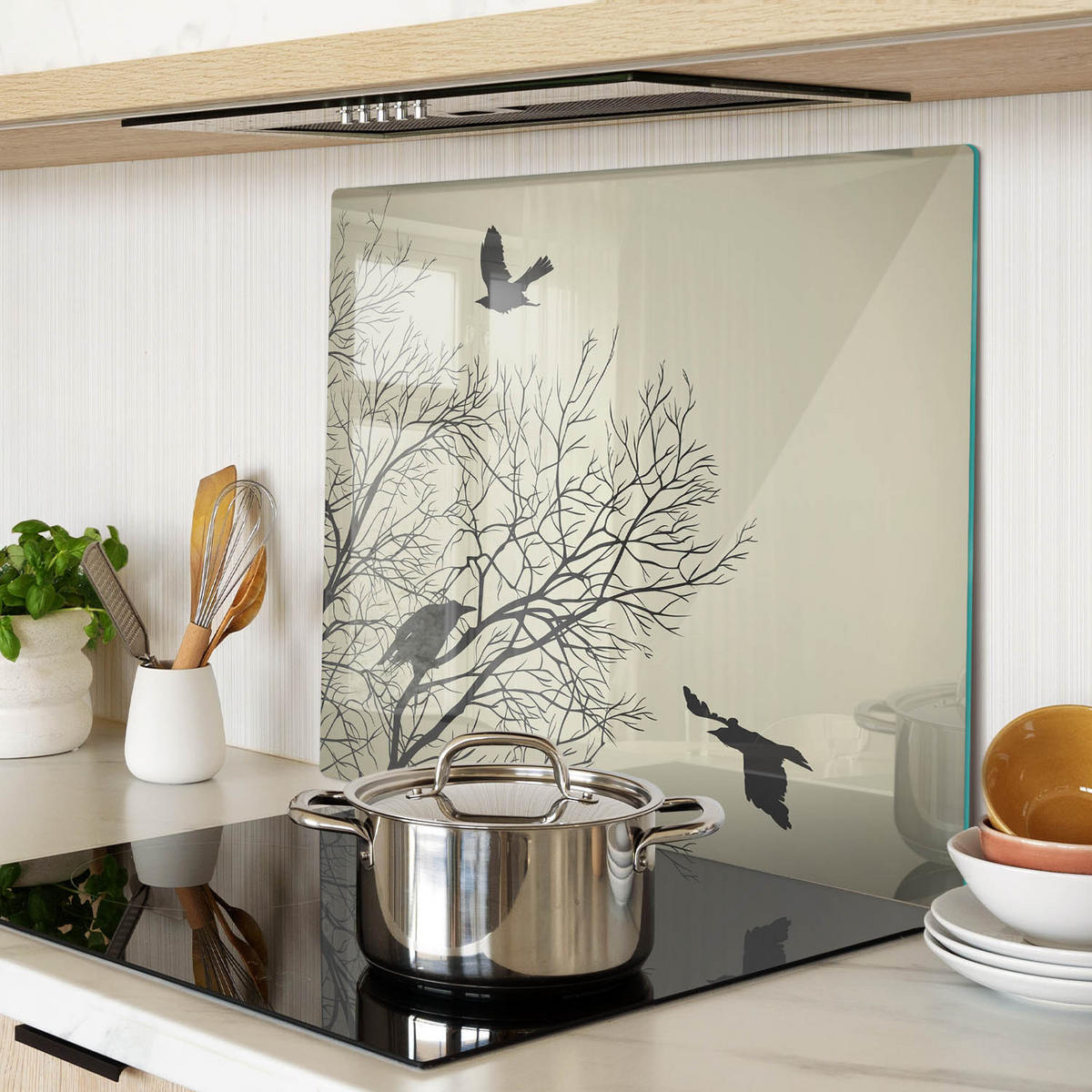 GLASPLATTE 60x52 cm Raben auf einem Baum - Schwarz Hochglanz/Braun, Glas (60/0.4/52cm) - TULUP