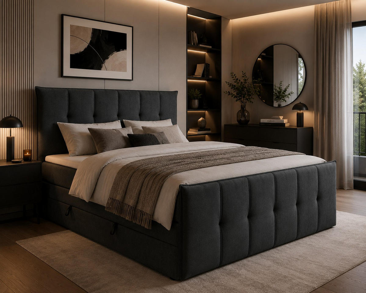 BOXSPRINGBETT SUPREME mit Topper und Bettkasten, Anthrazit, 140x200 cm - Anthrazit, Textil (140/200cm) - KS Home Concept