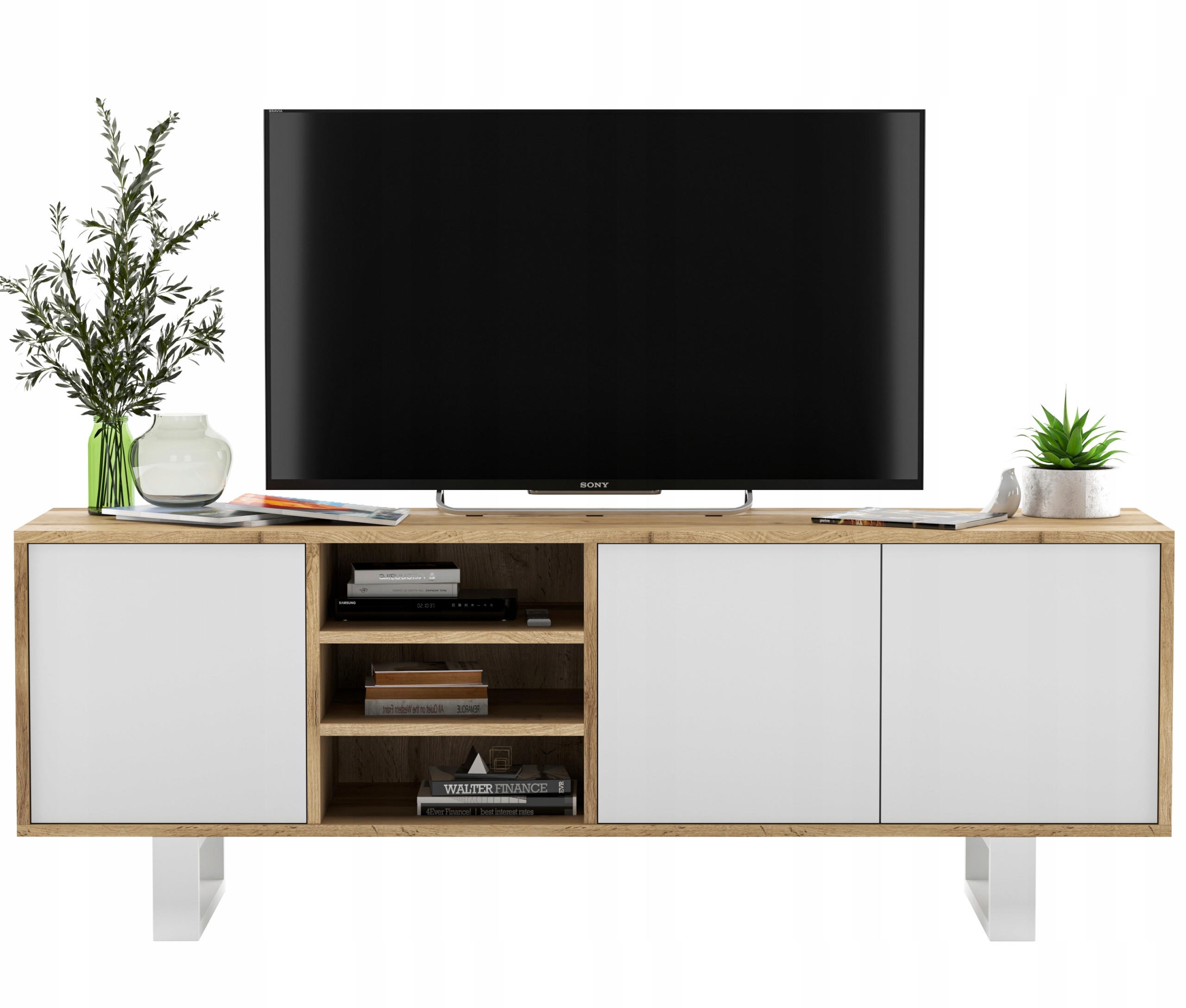 Meble Lindner TV stolek Apollo dub Wotan / bílá matná 150 cm s kovovými nohami