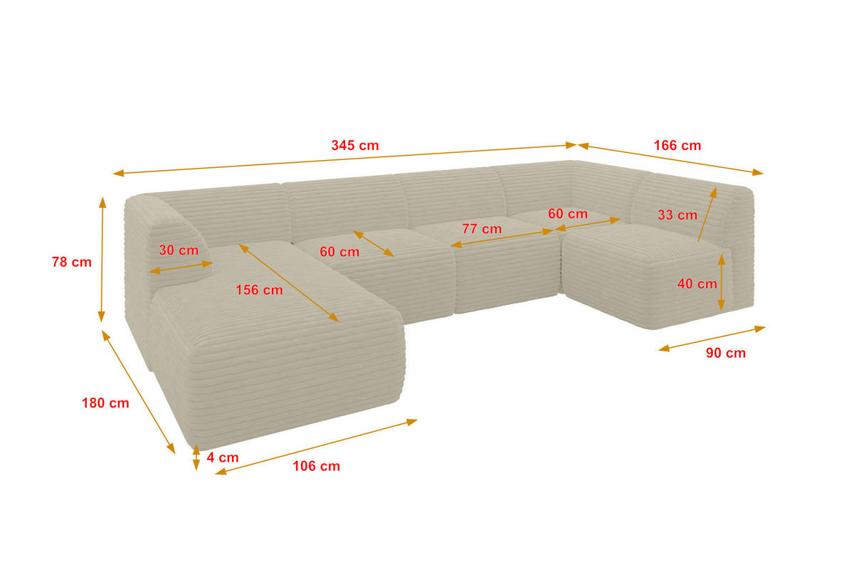 WOHNLANDSCHAFT Ottomane Links MOVO-L 345x180x78 cm Creme Cord - Ecru, Holzwerkstoff/Kunststoff (345/78/180cm) - ALTDECOR
