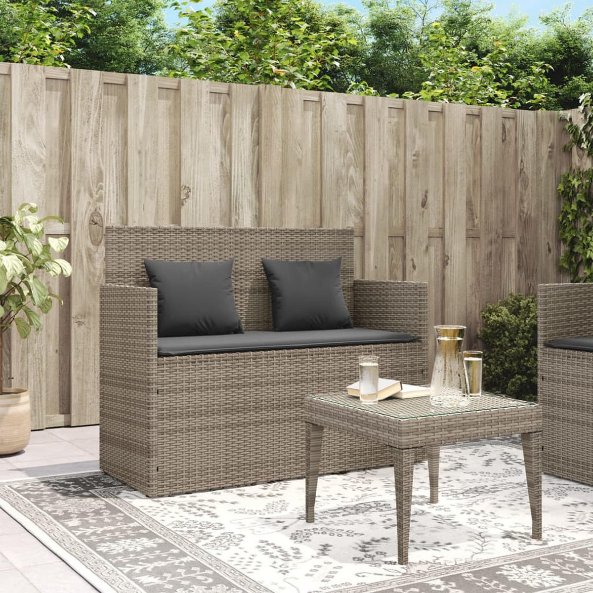 GARTENBANK mit Kissen Grau Poly Rattan - Grau, Kunststoff (120/90.5/50cm) - furnicato