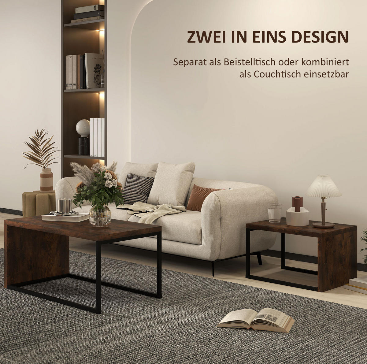 SADA konferenčních stolků 90/48/42 cm rustikálně hnědá z dřeva s kovovou podnoží - hnědá, dřevo (90/48/42cm) - OKWISH