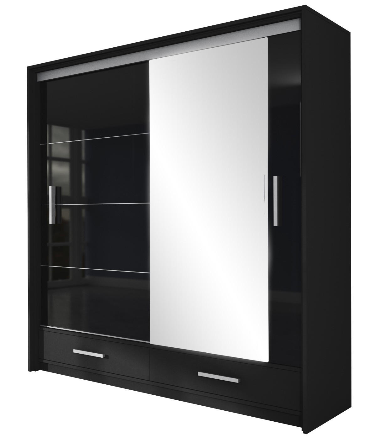 SCHWEBETÜRENSCHRANK SENNA 208/222/61 cm 2-türig mit Spiegel Schwarz - Schwarz, Holzwerkstoff (208/222/61cm) - MASSENO