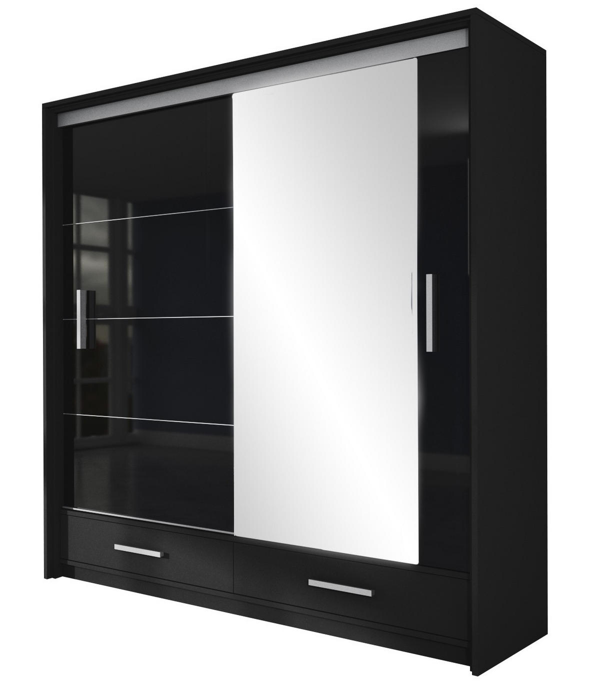 SCHWEBETÜRENSCHRANK SENNA 208/222/61 cm 2-türig mit Spiegel Schwarz - Schwarz, Holzwerkstoff (208/222/61cm) - MASSENO