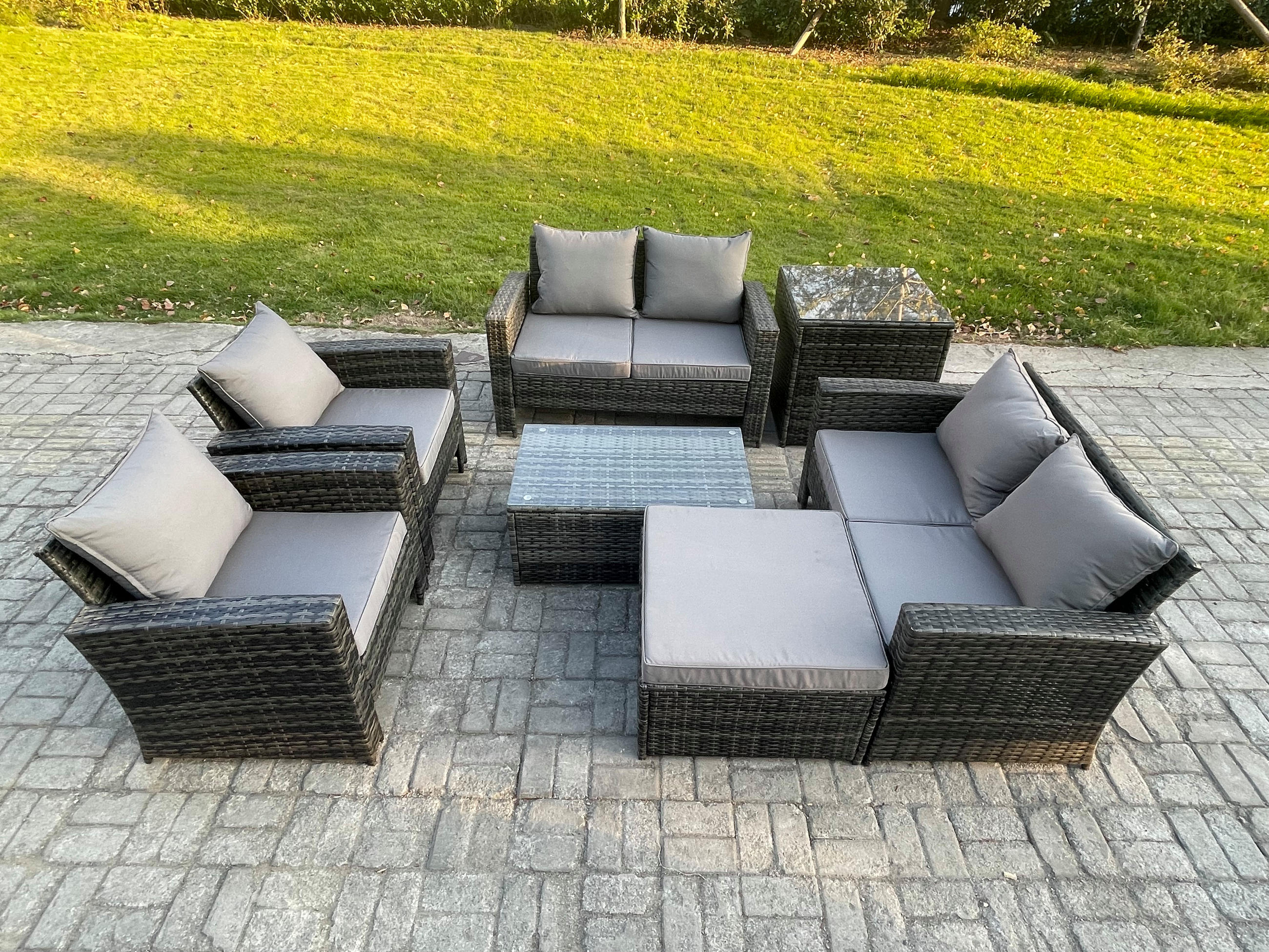 GARTENSET Polyrattan Dunkelgrau 7-Sitzer - Dunkelgrau, Metall - Fimous