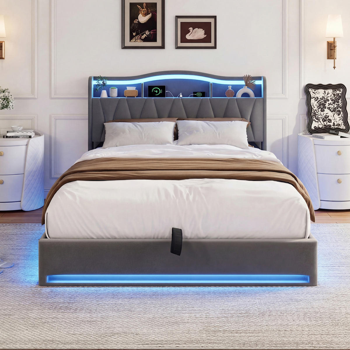 POLSTERBETT 140/200 cm Grau mit Bettkasten und LED-Beleuchtung - Grau, Holz (140/200cm) - SHOPENTRA