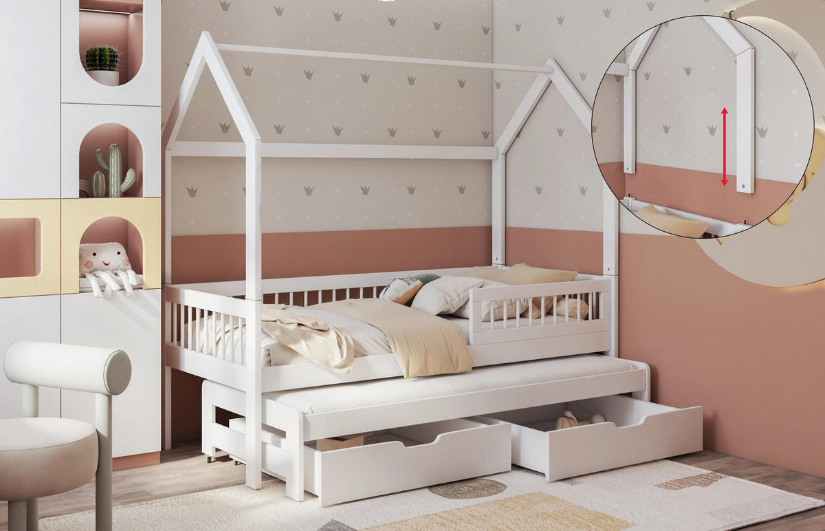 KINDERBETT 80x180 cm weiß ASHER II Hausbett aus Massivholz mit Rausfallschutz, Gästebett, 2 Schubladen und 2 Matratzen - Weiß, Holz (80/180cm)