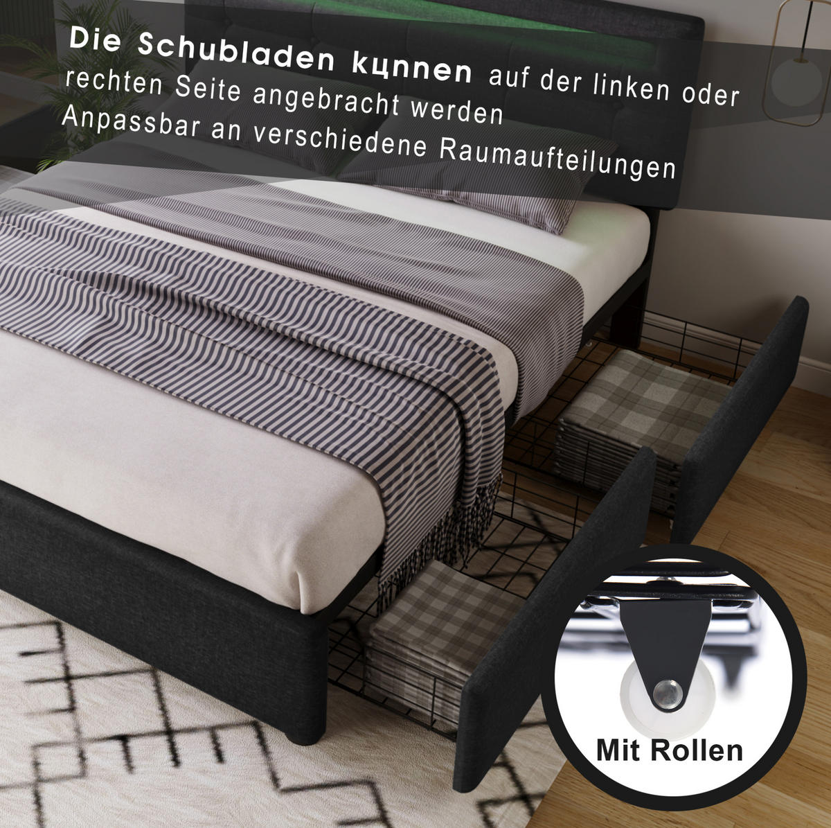 POLSTERBETT 140/200 cm Schwarz aus Leinen mit LED-Beleuchtung - Schwarz, Textil (140/200cm) - OKMYHOME
