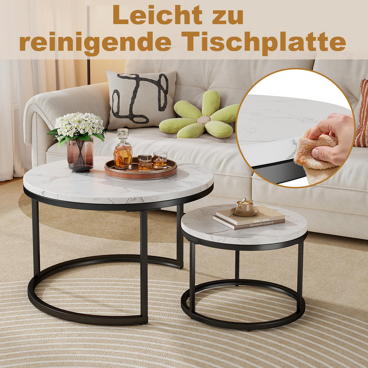 COUCHTISCH-SET 70/70/45 cm und 45/45/37 cm mit Marmor-Optik, nestbar und platzsparend, Weiß - Weiß, Metall (70/70/45cm) - Redom
