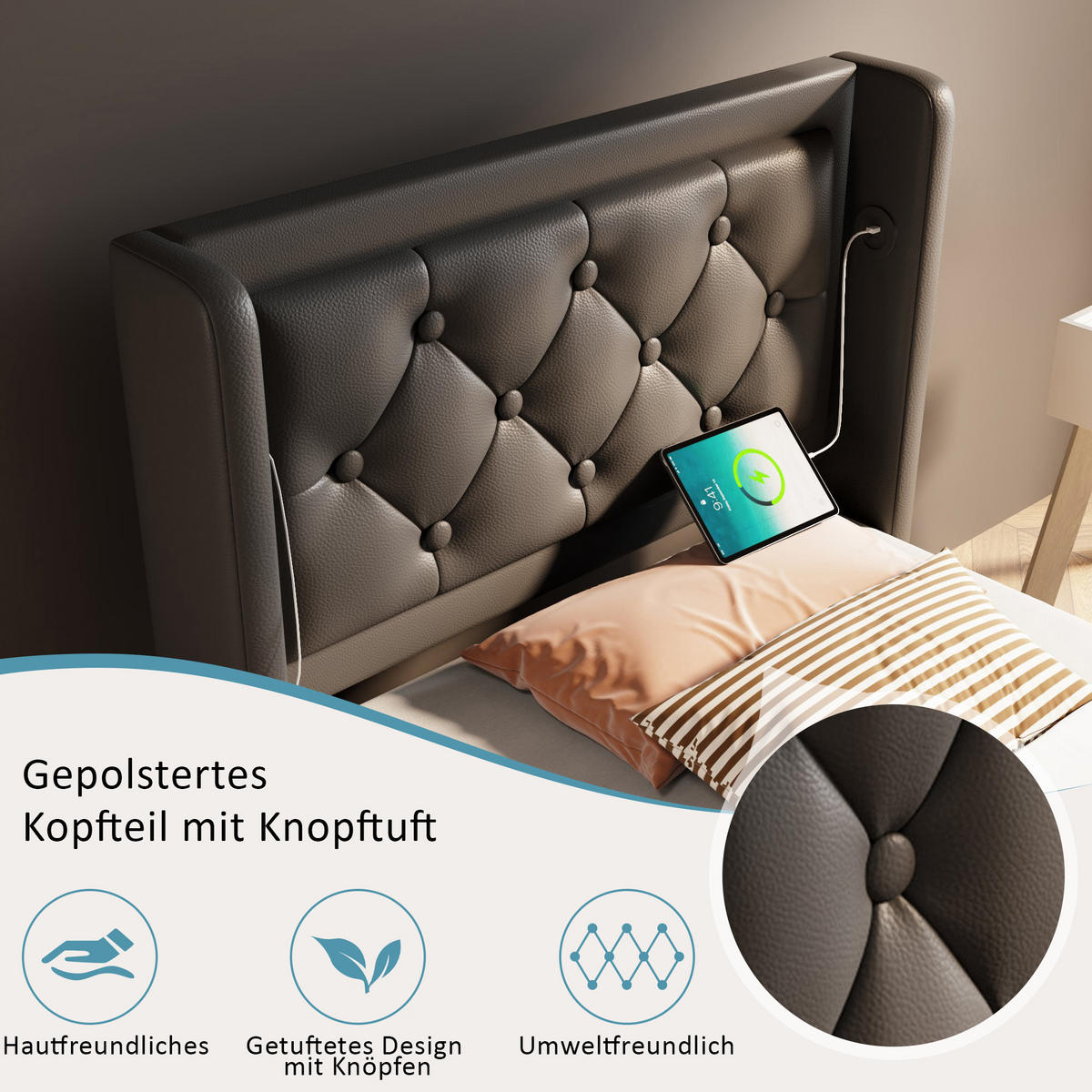 POLSTERBETT 90/200 cm in Schwarz mit Bettkasten, LED und USB und Type-C - Schwarz, Holzwerkstoff/Textil (90/200cm) - WISHDOR
