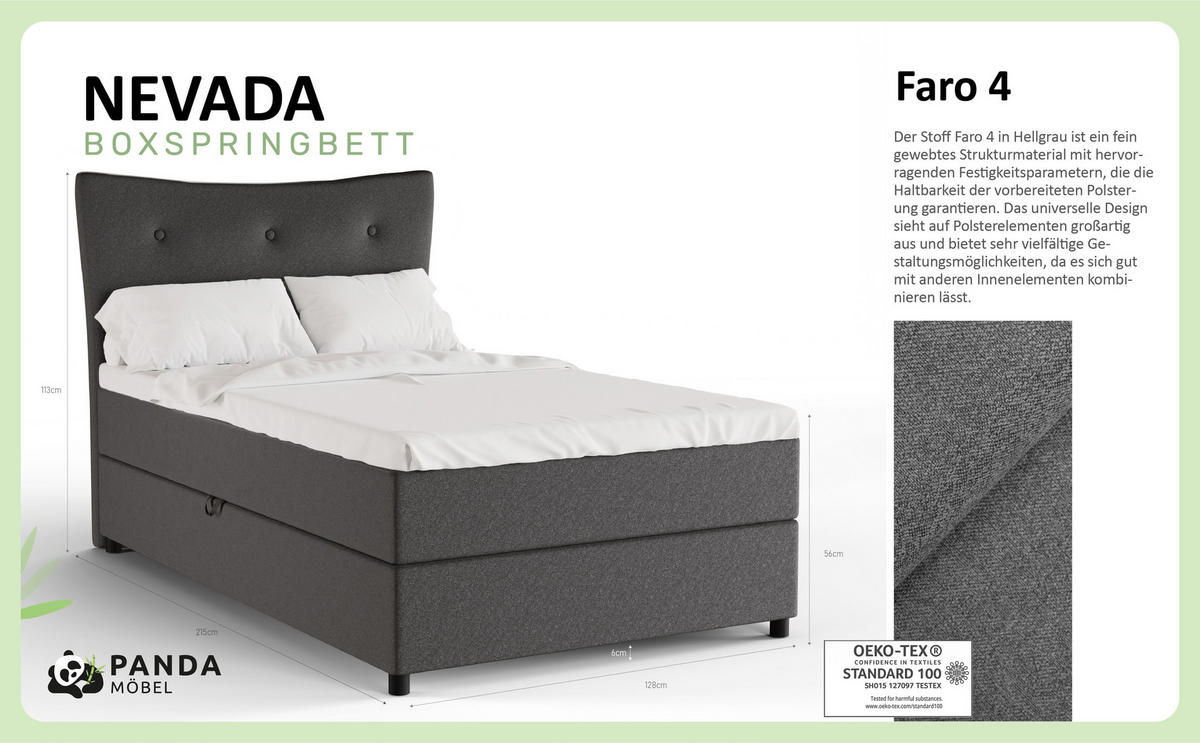 BOXBETT Nevada 120x200 cm Polsterbett mit hochwertiger Bonell-Matratze und Topper -Dunkelgrau - Anthrazit, Holz (120/200cm) - Panda Möbel