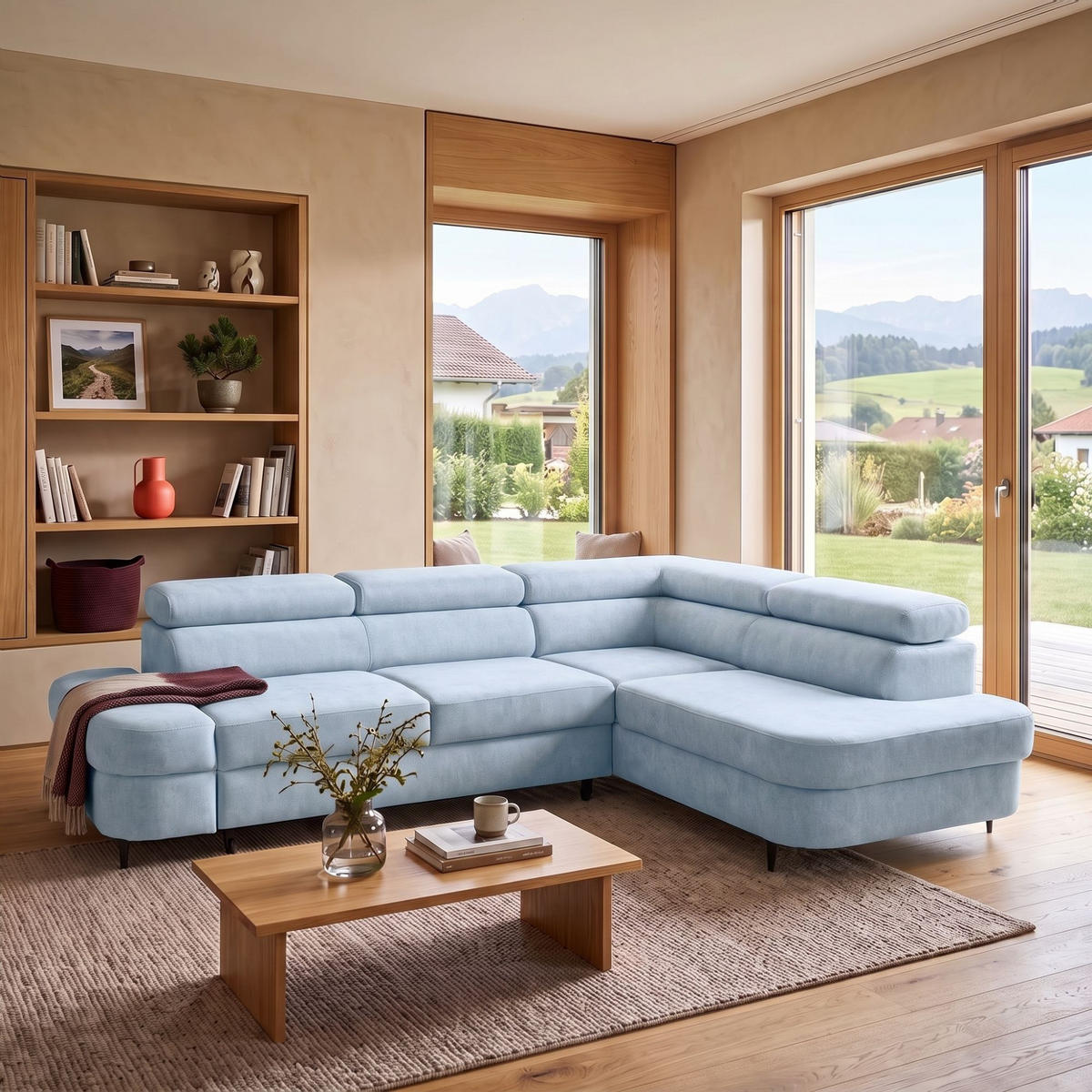 ECKSOFA PRIAM L Rechts mit Schlaffunktion 125x195 Velours Hellblau - Schwarz/Hellblau, Holz/Textil (203/275cm) - Muffo