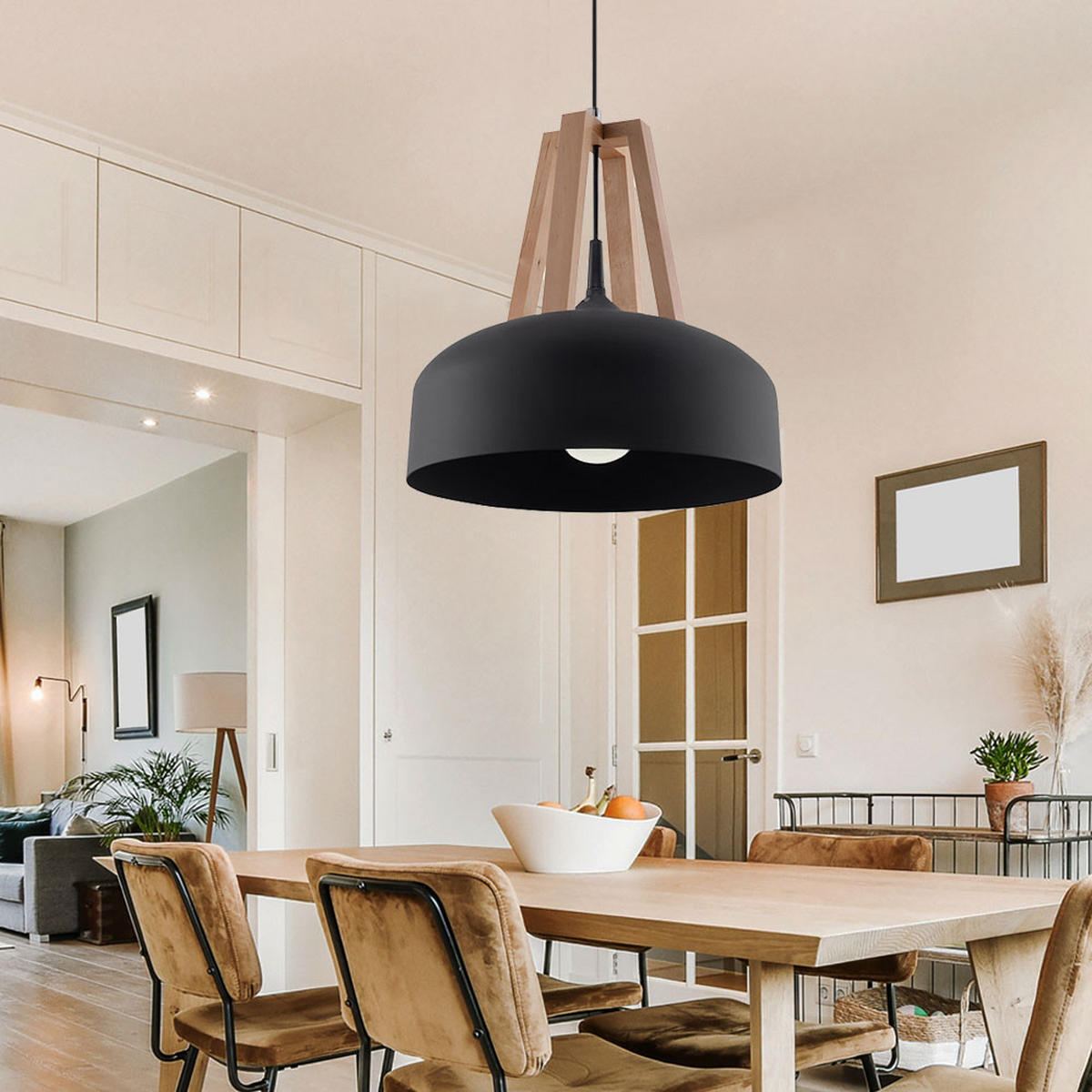 HÄNGELEUCHTE Stahl Schwarz Holz Natur - Schwarz, Holz (30/30/100cm)