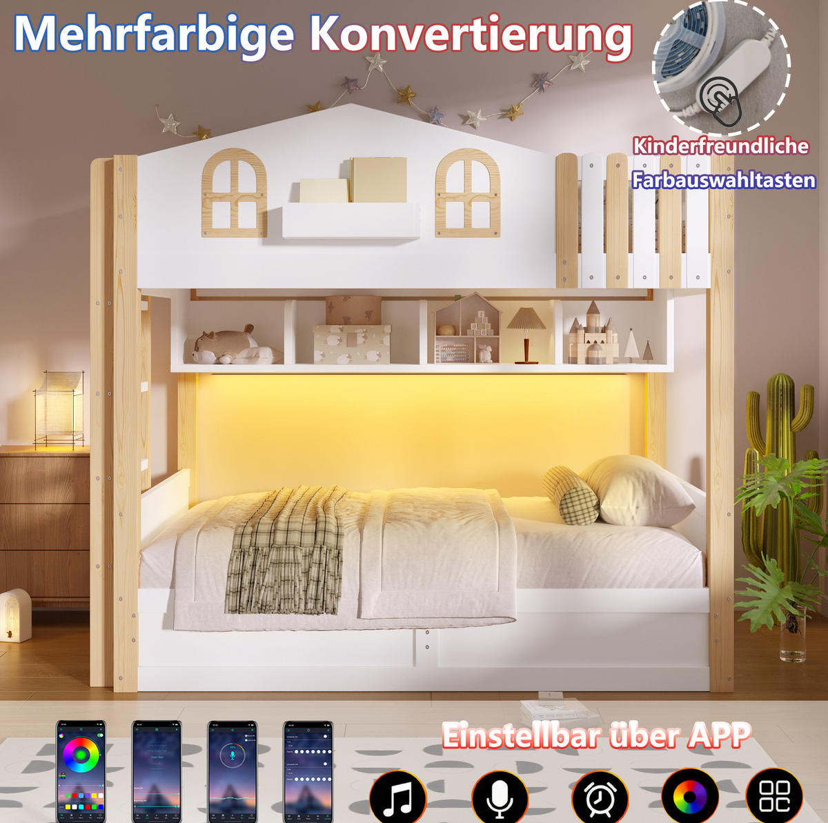 ETAGENBETT 90/200 cm aus Kiefer und MDF mit LED, Weiß/Natur - Eichefarben, Holzwerkstoff (90/200cm) - OKMYHOME