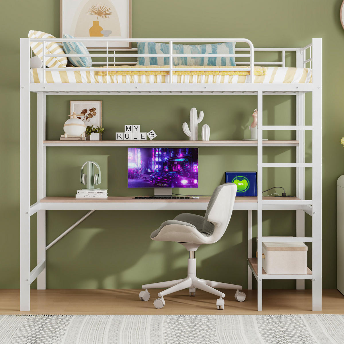 HOCHBETT 90/200 cm in Weiß mit Schreibtisch, Regal und Rausfallschutz - Weiß, Metall (90/200cm) - BEAOK