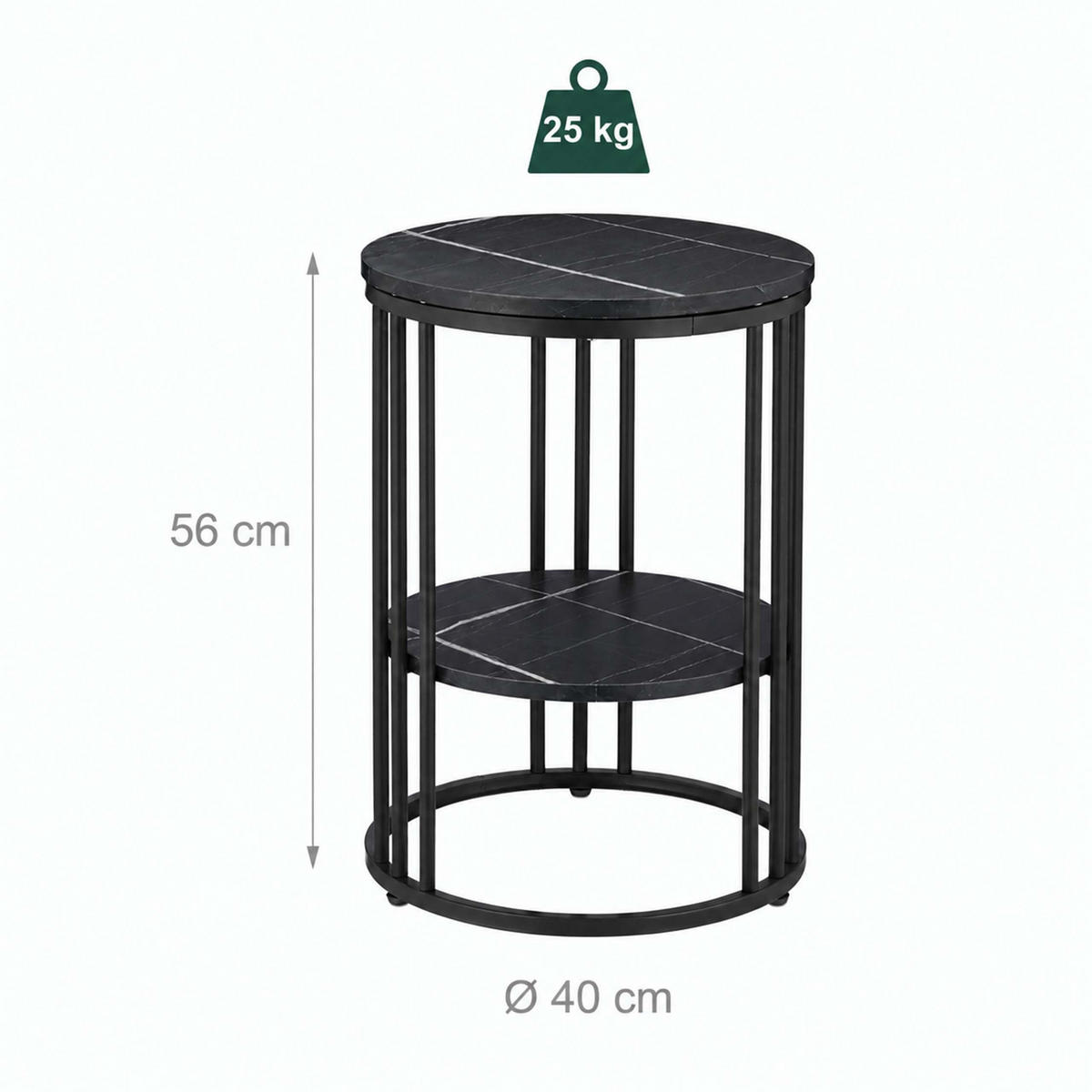 ODKLÁDACÍ STOLEK černá mramorový vzhled 2 police - černá, kov/kompozitní dřevo (40/40/56cm) - Relaxdays