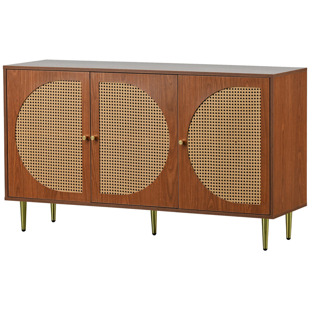 SIDEBOARD 129,8/40/76 cm mit 3 Türen in Walnussfarben & Rattan-Optik - Walnussfarben, Holzwerkstoff (129.8/76/40cm) - BEAOK
