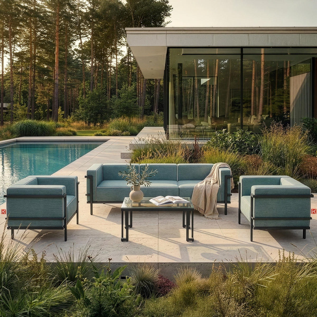 GARTENSOFA TRIGLO 3-Personen, Stahlrahmen, Modern, Dunkelgrau - Dunkelgrün/Dunkelgrau, Textil/Metall (229/70/69cm) - KONSIMO®