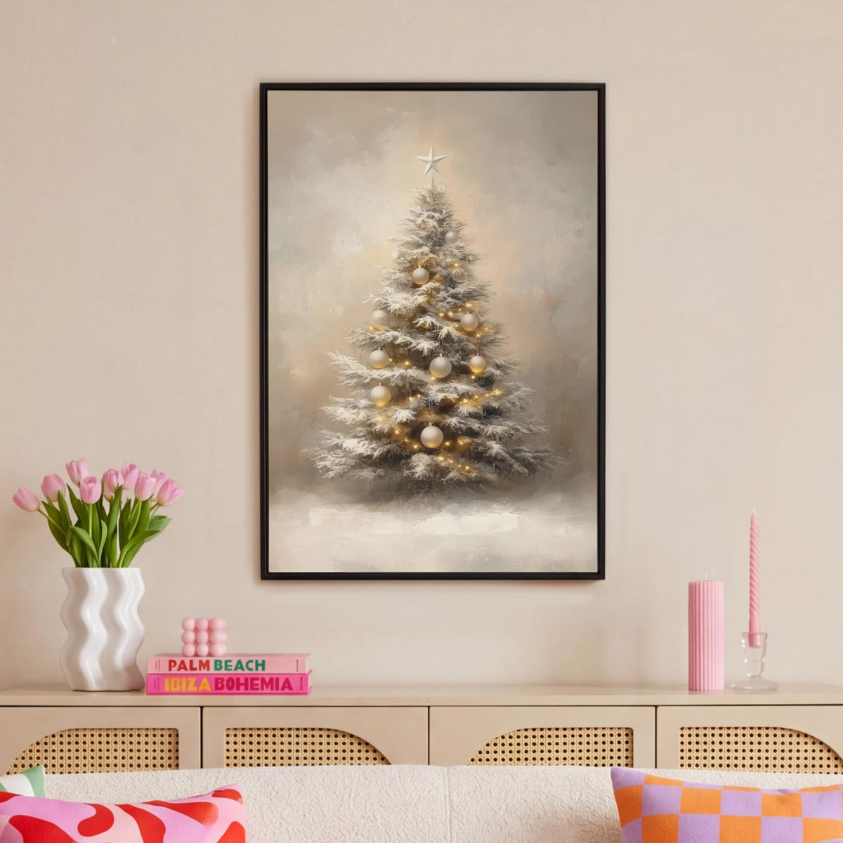 LEINWAND Bilder mit Rahmen - Weihnachten - Weihnachtsbaum - Schnee - Kunst - 60x90 - Champagner, Textil (60/90cm) - MuchoWow