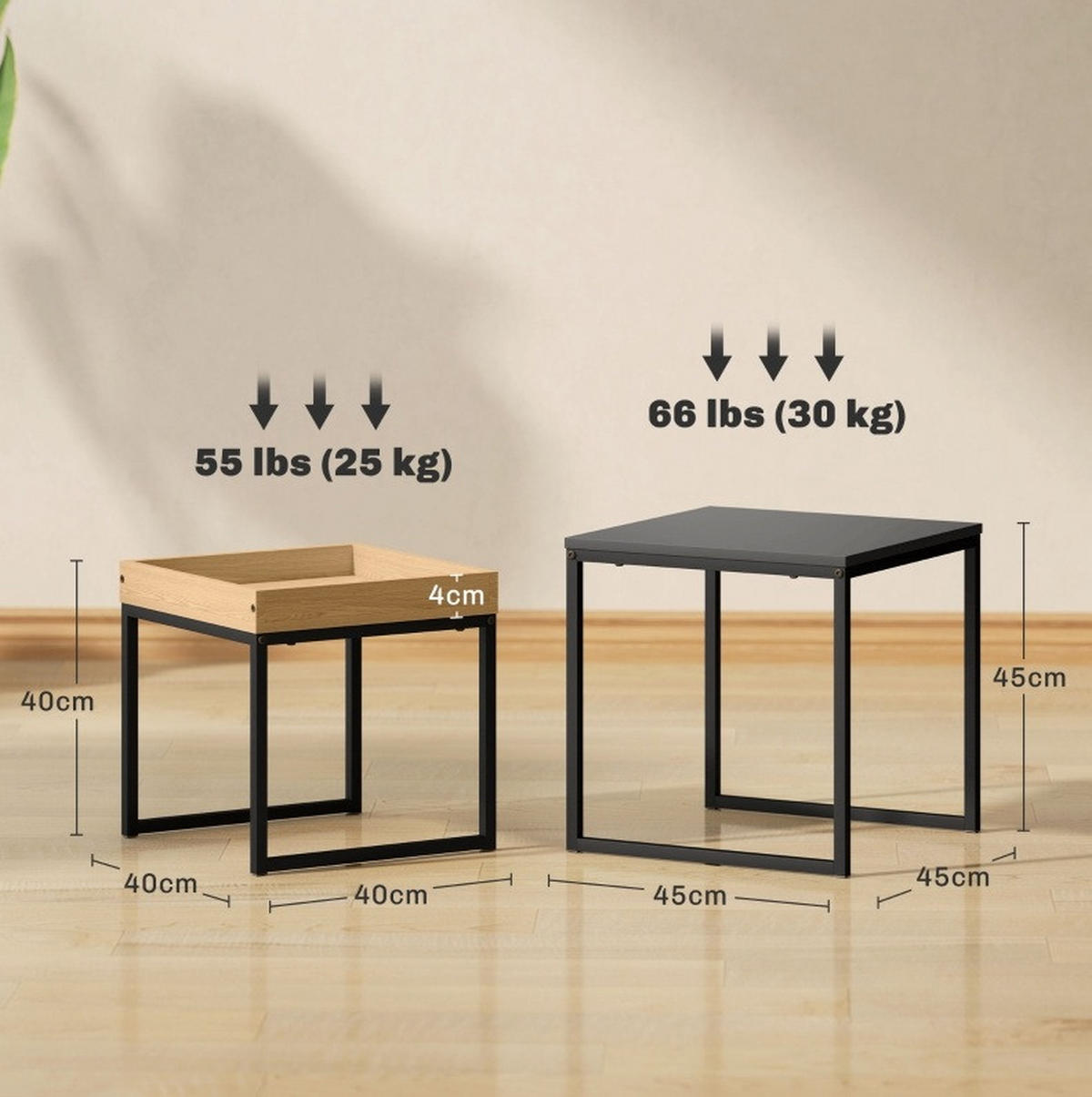 COUCHTISCH-SET aus Stahl 45x45x45 cm und MDF Schwarz, 2-teilig mit abnehmbarem Tablett - Schwarz, Metall (45/45/45cm) - IVMEU