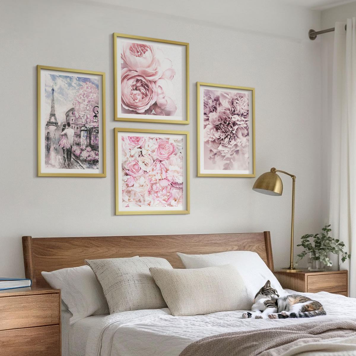 WANDBILDER 4er Set - 50x50 cm & 40x60 cm Goldrahmen - Rosa Blumen, romantische Landschaft - Goldfarben, Kunststoff (50/50cm) - ArtPrintCave
