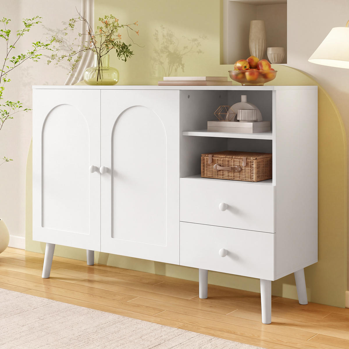 SIDEBOARD Gewölbte Türen 2 Schubladen 2 Fächer Holzfüße Modern - Weiß, Holzwerkstoff (118/82/35cm) - FLIEKS