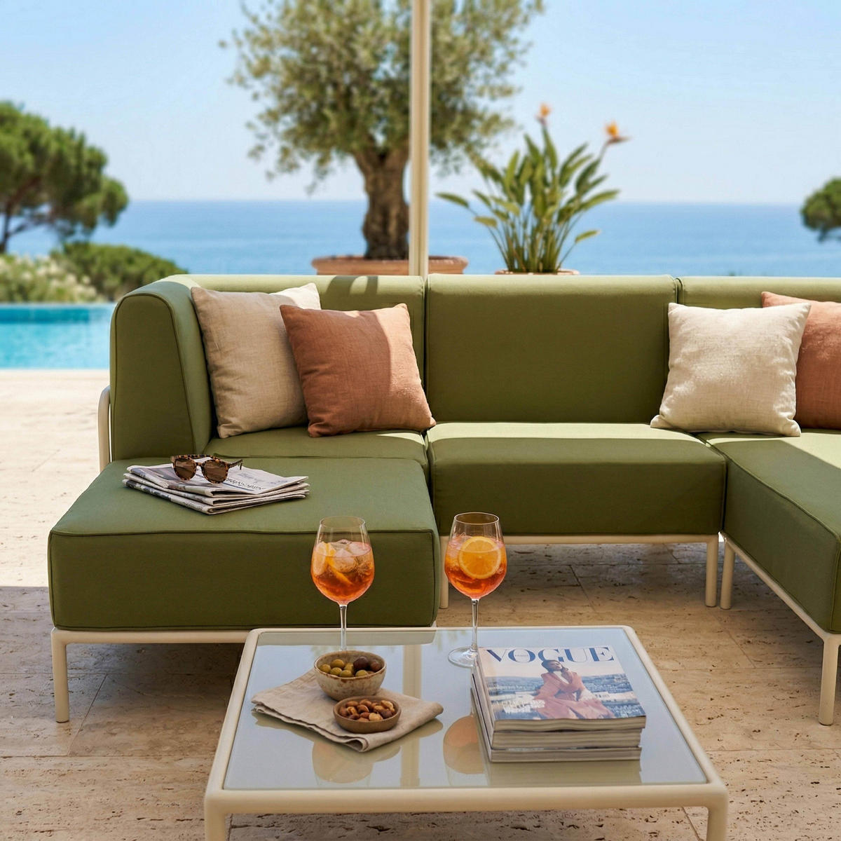 GARTENSOFA mit 4 Sitzplätzen, Khakigrün - Grün, Textil (153/78/272cm) - Oviala
