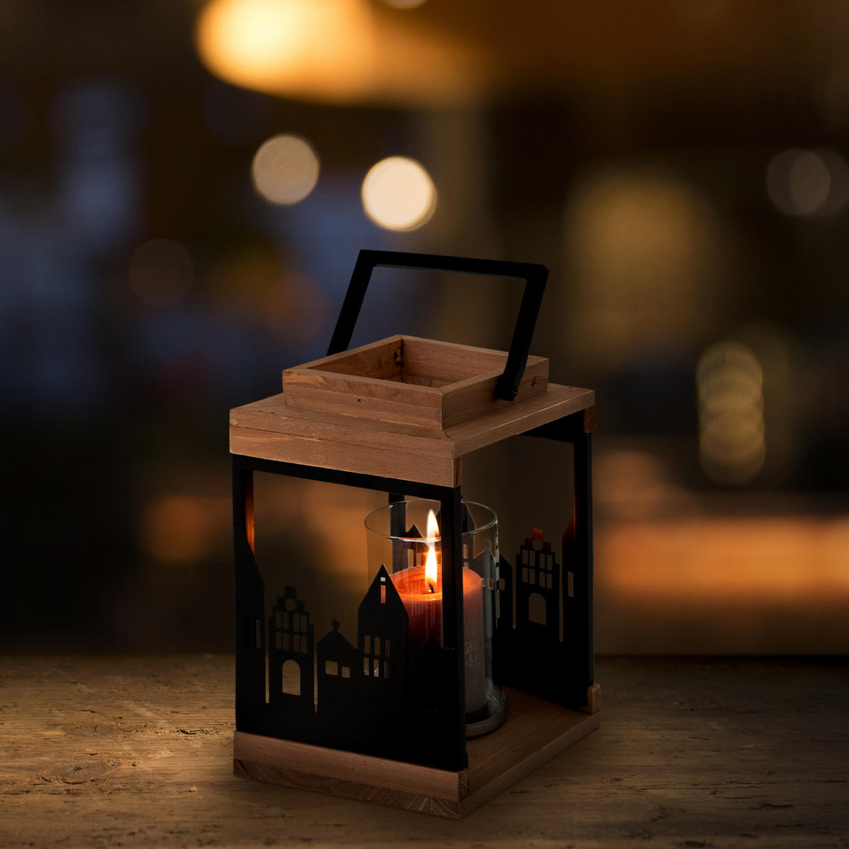 HOLZLATERNE 22cm mit Kerzenständer und Henkel Metall/Glas Stadt Muster - Braun, Holz (14/28/14cm) - ECD-Germany