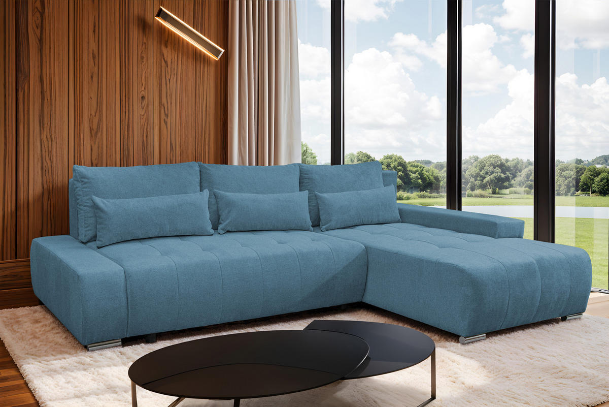 ECKSOFA Bloom mit Bettkasten und Schlaffunktion L-Form - Blau, Textil (267/185cm)
