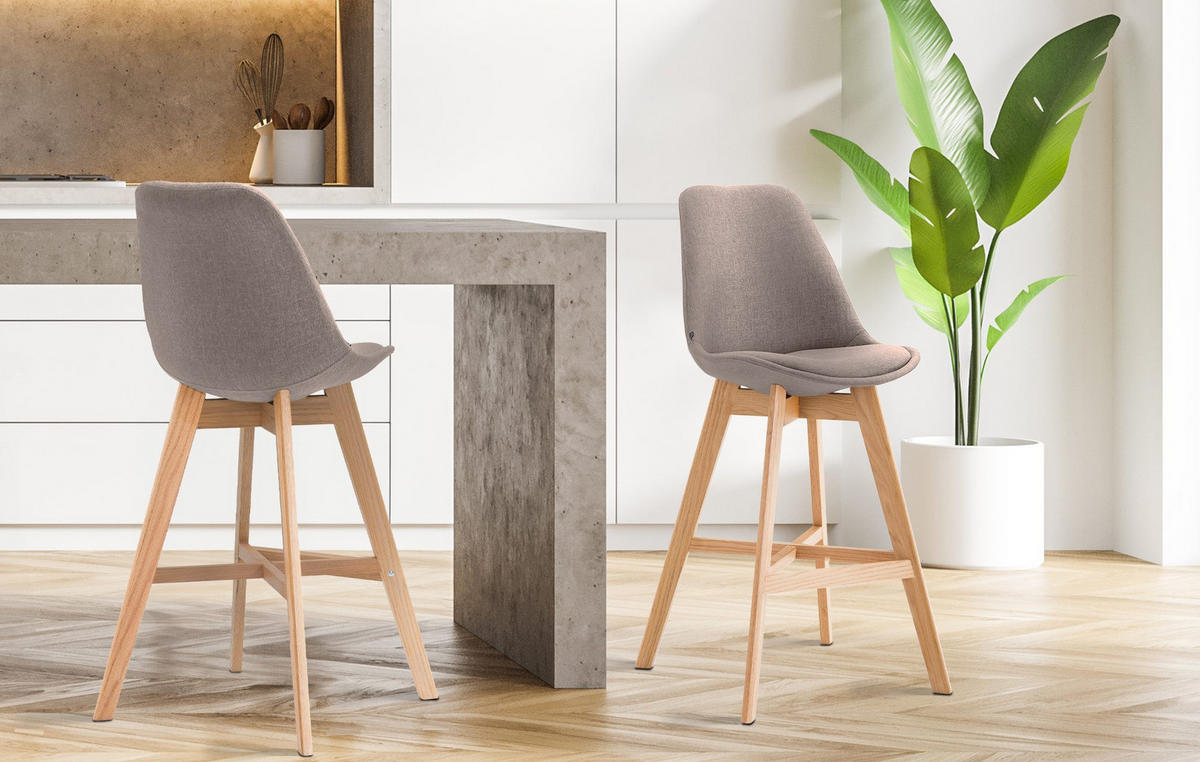 BARHOCKER 2er Set Stoff taupe - Taupe/Eukalyptusholzfarben, Holz/Textil (48/112/56cm) - CLP
