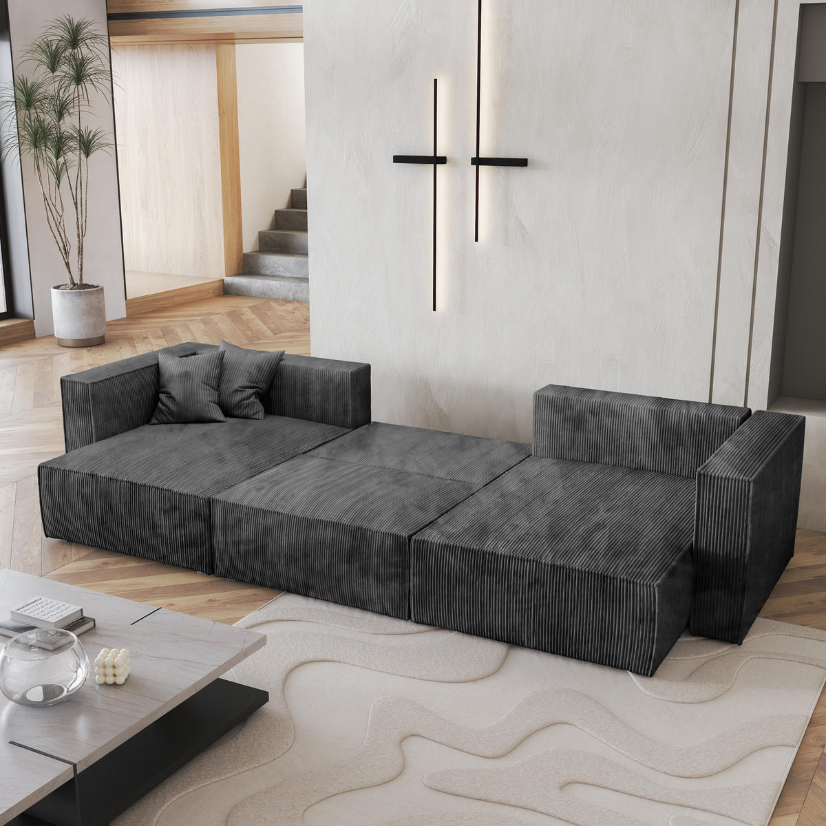 WOHNLANDSCHAFT SARMO P Graphitfarben Kordstoff mit Schlaffunktion - Graphitfarben, Holz (347/70/148cm) - MASSENO