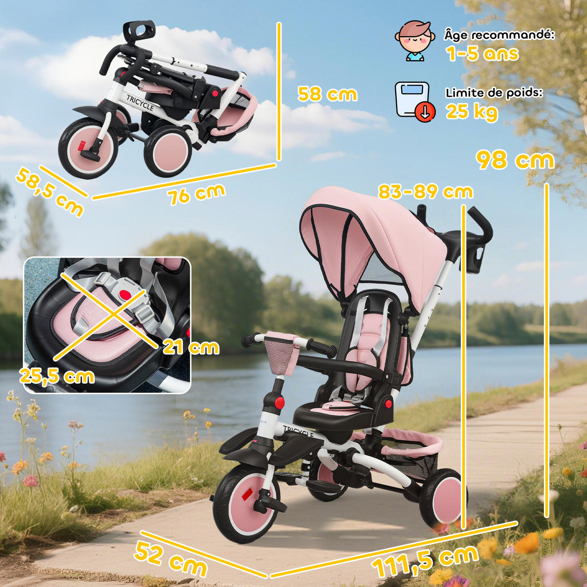 DREIRAD DE-18947 6-in-1 mit 360°-schwenkbarem Sitz & klappbar Rosa - Pink, Kunststoff (111.5/52/98cm) - ComfortXL