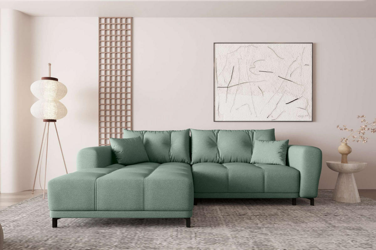 ECKSOFA Massimo Strukturstoff Salbeigrün inkl. Schlaffunktion Links - Salbeigrün/Schwarz, Textil/Metall (246/177cm) - 99rooms