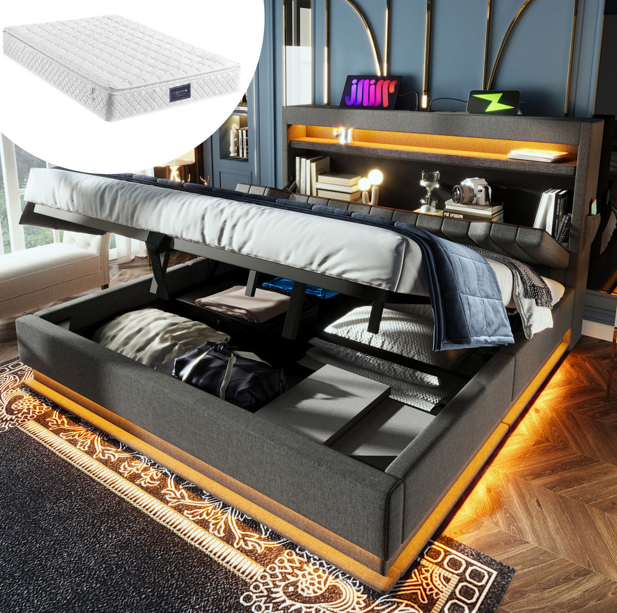 ČALÚNENÁ posteľ z ľanu 160x200 cm sivá s LED osvetlením, USB-C a úložným priestorom - sivá, textil (160/200cm) - Modfu