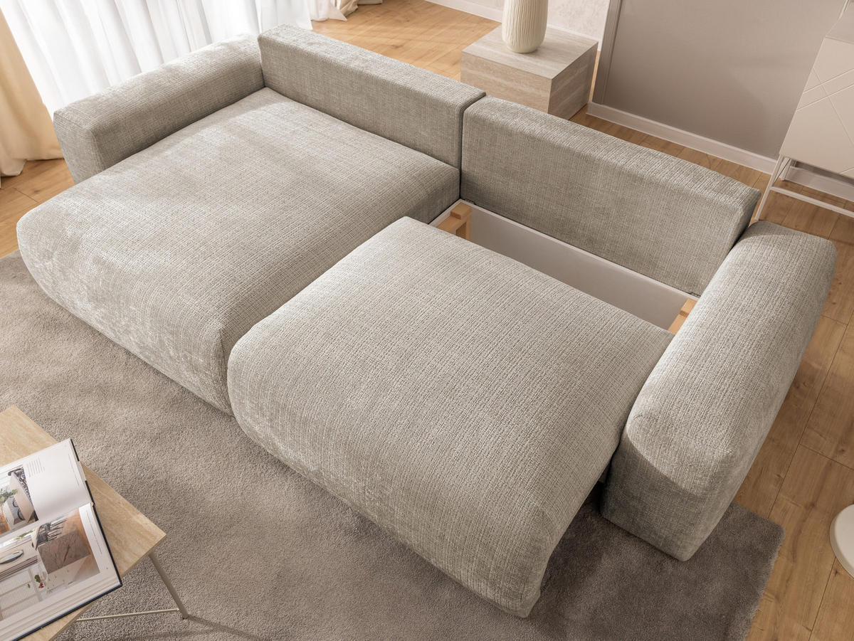 ECKSOFA Puffy mit Schlaffunktion und Bettkasten - besonders weich und puffig aus Dunkelbeige Chenille-Stoff - Ottomane links - Beige/Schwarz, Holz/Kunststoff (138/266cm) - S-Style Möbel