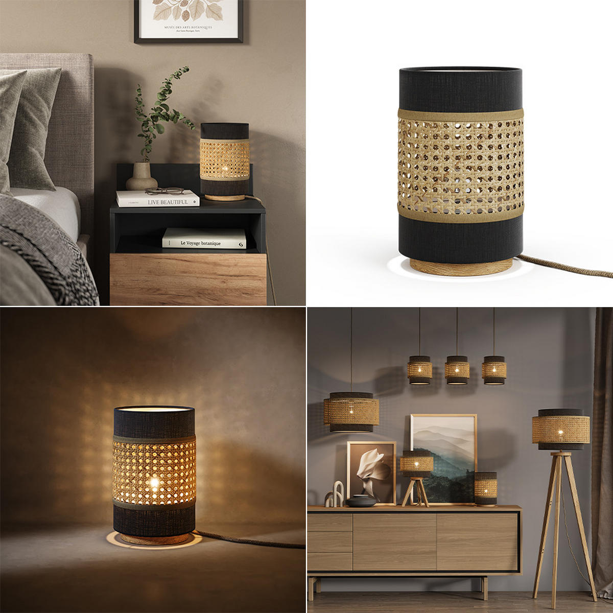 TISCHLAMPE Morten Rattan/Schwarz 17.5 x 26.5 cm - Schwarz/Braun, Holz (17.5/17.5/26.5cm) - Vicco