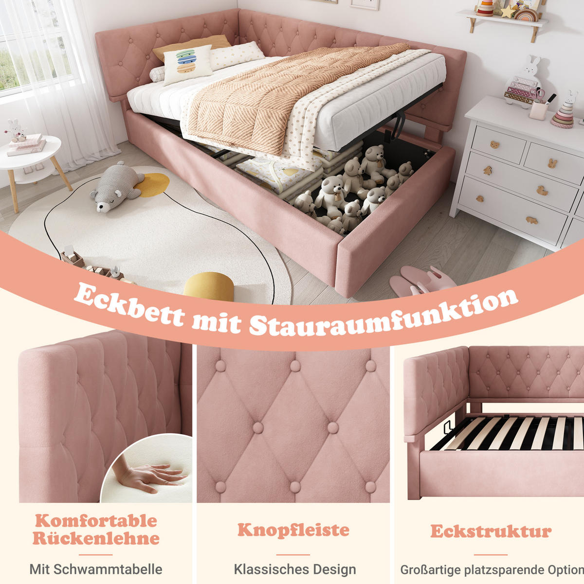 KINDERBETT Polsterbett 90/190 cm aus Samt mit hydraulischem Stauraum Rosa - Rosa, Textil (90/190cm) - Modenvie