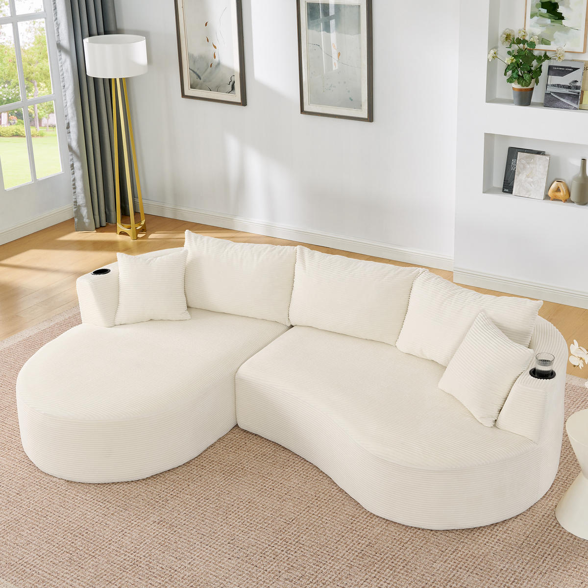 3-SITZER ECKSOFA Cord Beige mit Getränkehaltern und Kissen - Beige, Textil (264/168cm) - WISHDOR