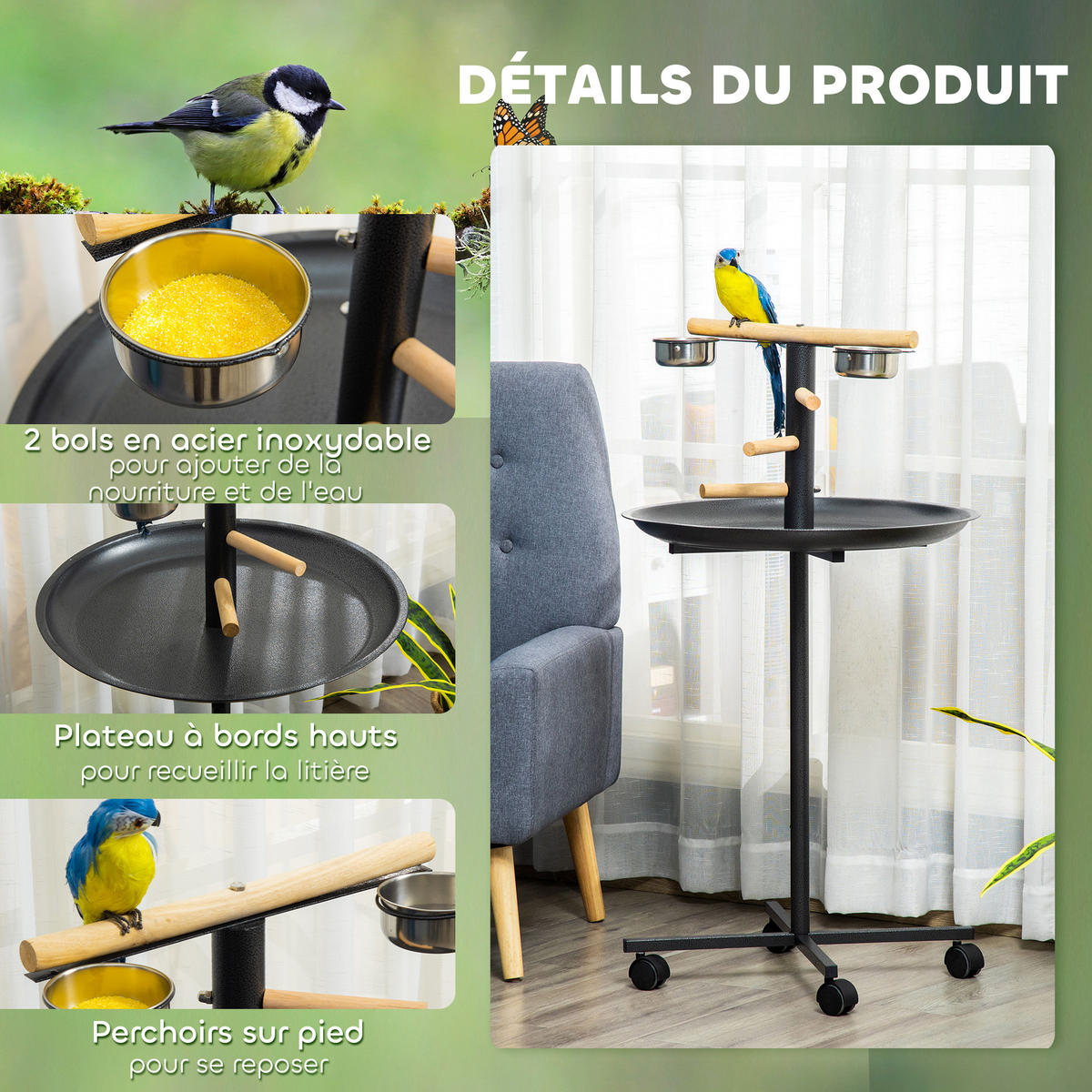 VOGELFUTTERSTATION DE-17835 4 Rollen & 2 Edelstahlnäpfe Grau - Grau, Metall (60/111/60cm) - ComfortXL