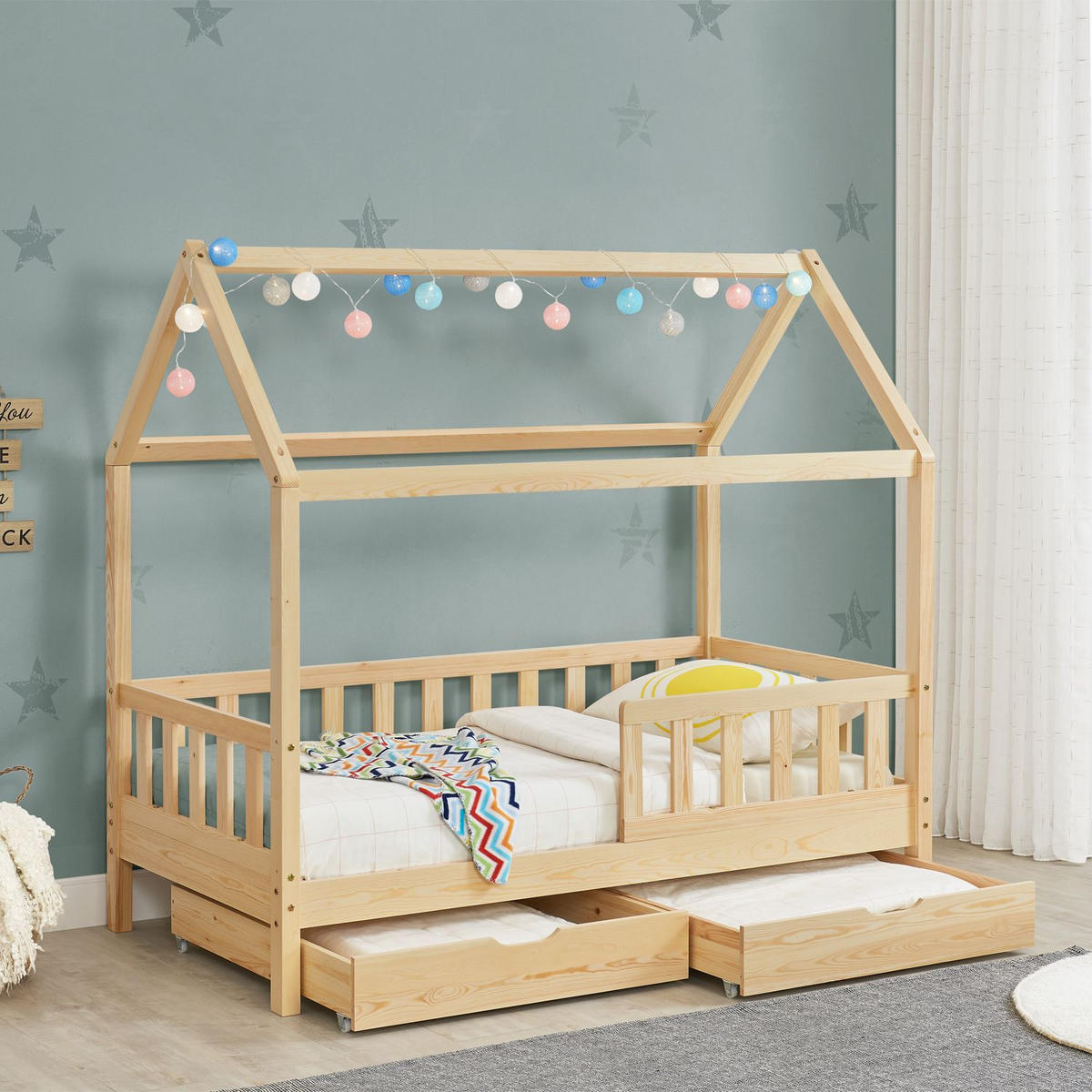 KINDERBETT Marli natur 80x160 cm mit Bettkasten - Naturfarben, Holz (80/160cm) - Juskys