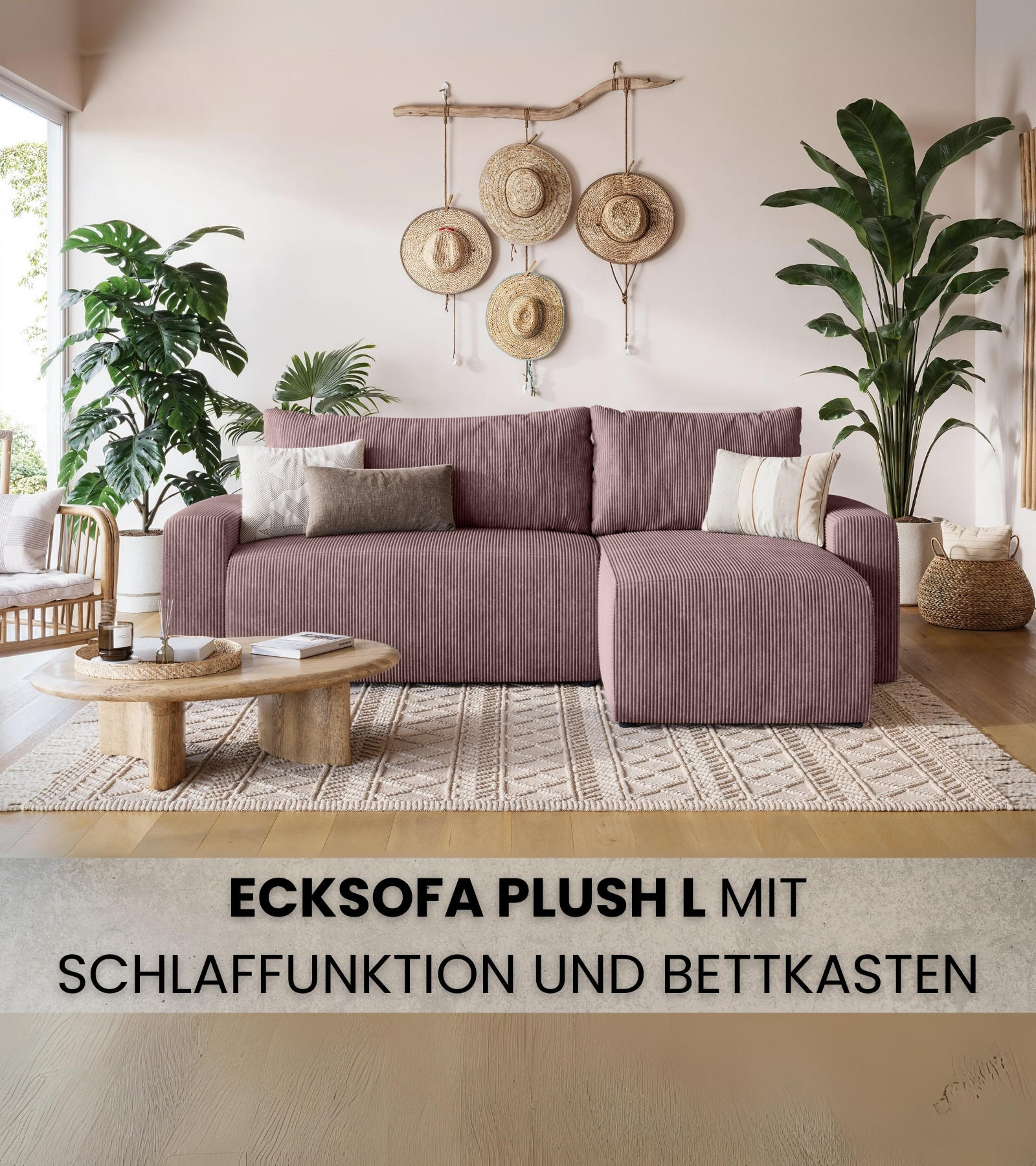 ECKSOFA PLUSH mit Schlaffunktion Rosa Cord - Rosa, Textil (240/145cm) - Bromarkt