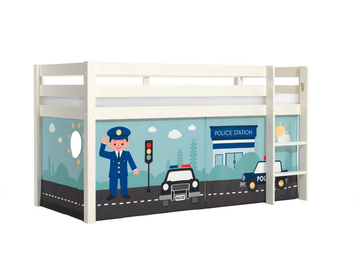 KINDERBETT Karolina 210x114x106 Massivholz Weiß Textilset Polizei - Weiß/Hellblau, Holz (90/200cm) - 58aufmkessel