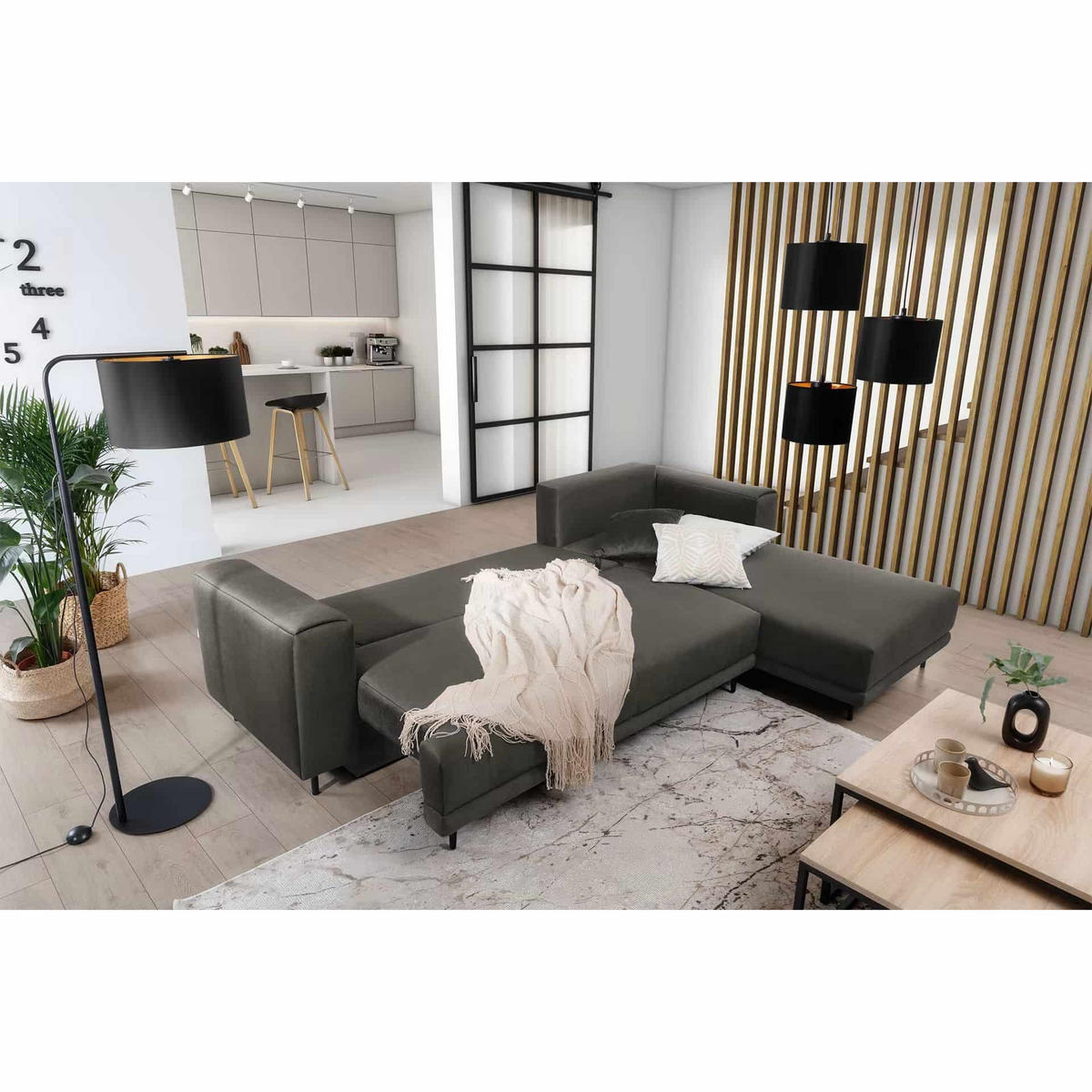 ECKSOFA mit Schlaffunktion und Bettkasten, Loco-Stoff - Schwarz/Grau, Textil/Metall (190/289cm) - Eltap